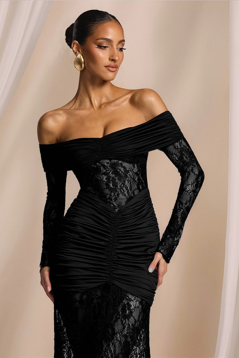 Lace Off Shoulder Ruched Bodice Floral Lace Long Sleeve Mermaid Gown