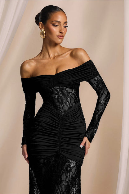 Lace Off Shoulder Ruched Bodice Floral Lace Long Sleeve Mermaid Gown