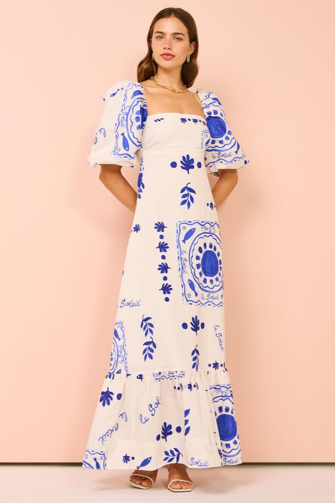Square Neck Puff Sleeve Ruffled Hem Coastal Graphic Print Maxi Dress