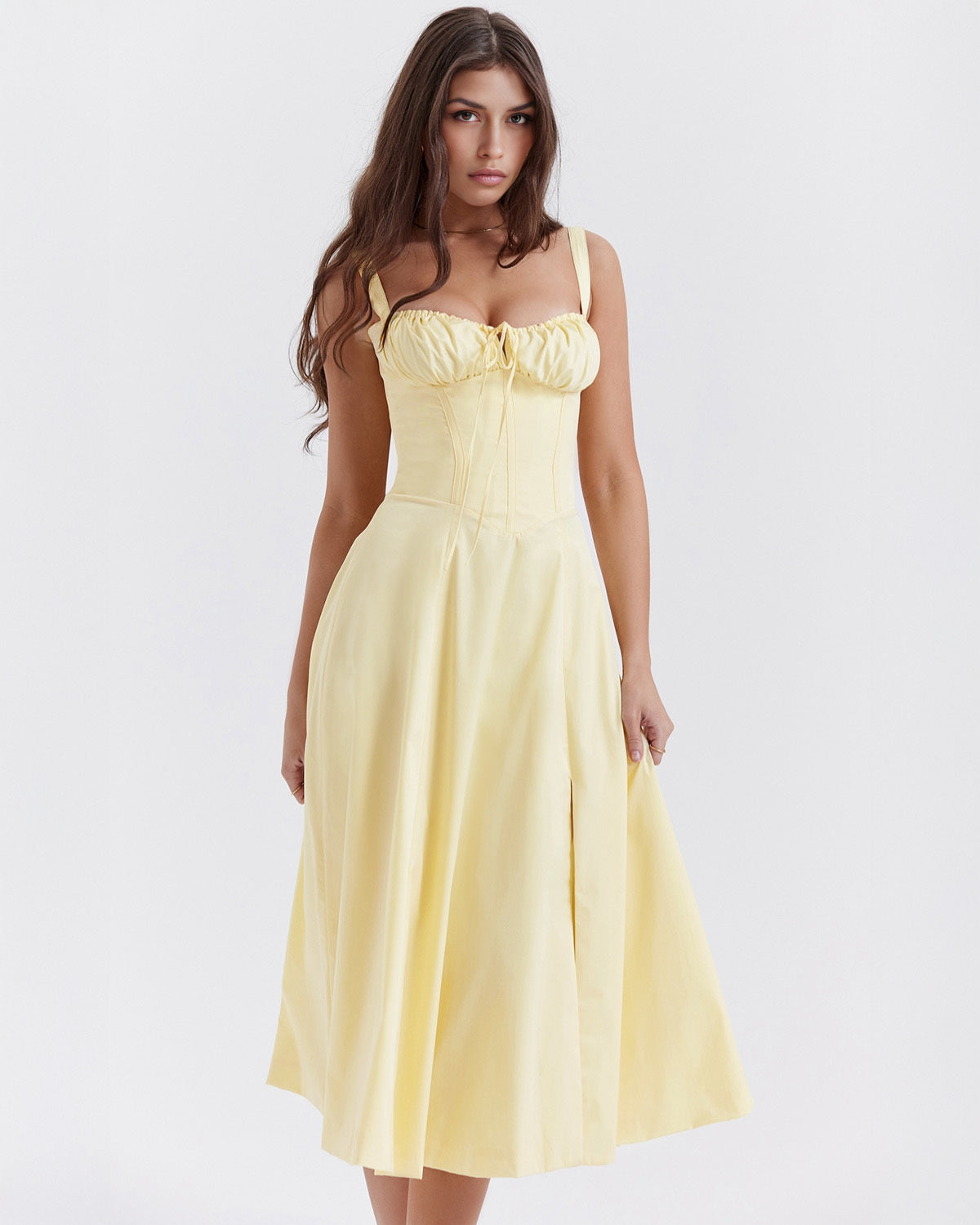 Corset Wide Strap Tie Front Ruched Bust Side Slit Midi Dress