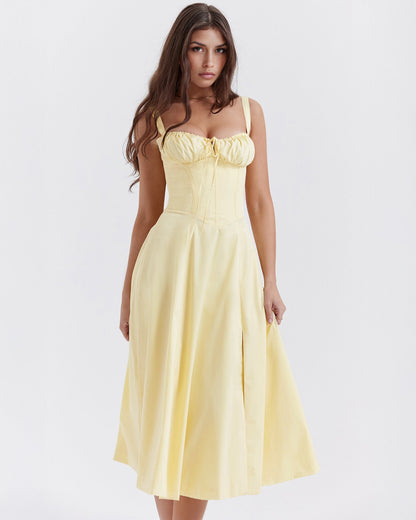 Corset Wide Strap Tie Front Ruched Bust Side Slit Midi Dress