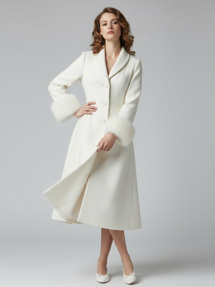 Vintage A-line Woolen Flared Midi Coat With Detachable faux fur cuffs In White 2026