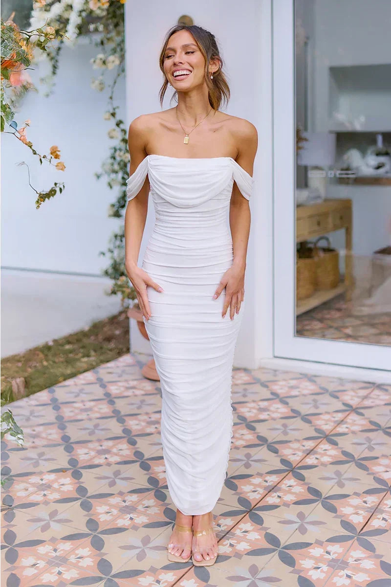 Off Shoulder Cap Sleeve Ruched Back Slit Bodycon Maxi Dress