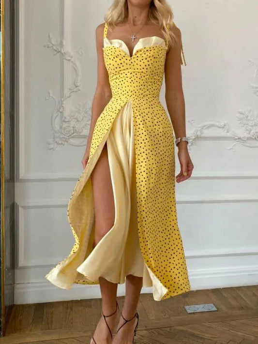 Summer Midi Dress Yellow Straps Neck Bows Polka Dot Beach Dress