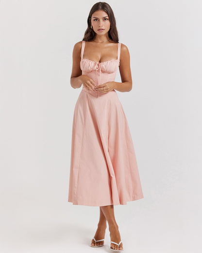 Sweetheart Tie Front Panel Seam Corset Bodice Fit and Flare Midi Dress