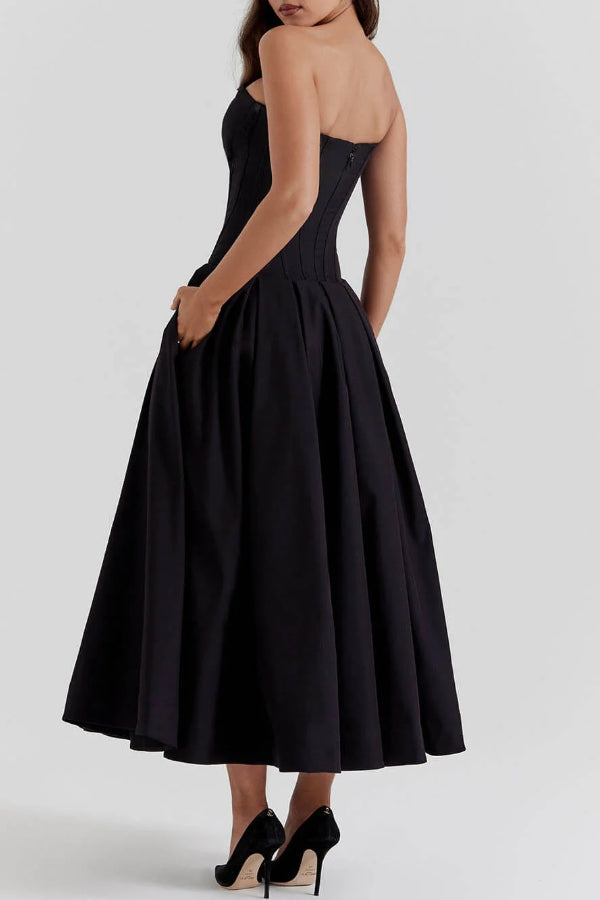 Strapless Corset Sweetheart Neckline Pleated Full Skirt Midi Dress