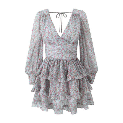 Early Spring Romantic Printed Sexy Backless V Neck Long Sleeve Princess Dress Short Dress – Floral Print Backless V Neck Mini Dress