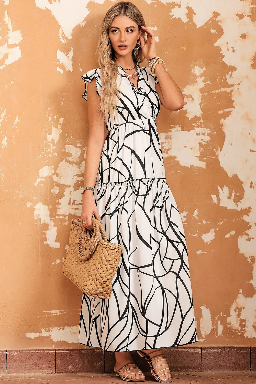 abstract vein print v neck maxi dress