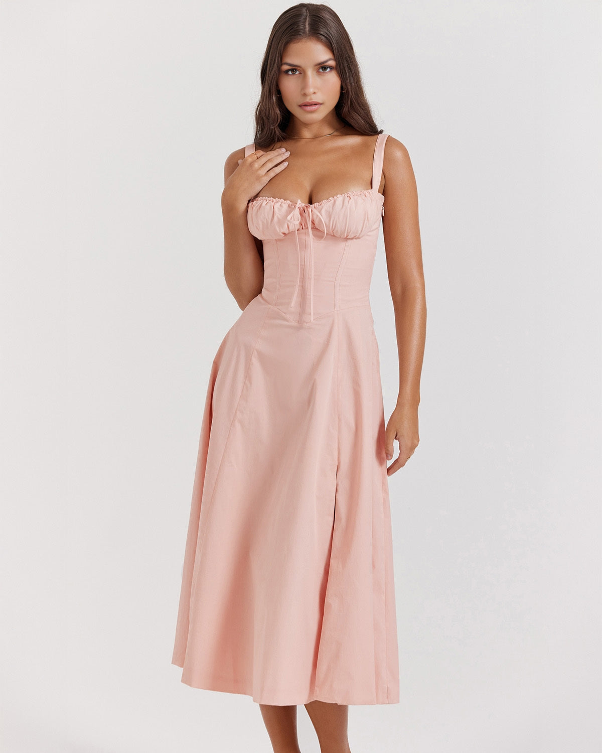 Corset Wide Strap Tie Front Ruched Bust Side Slit Midi Dress