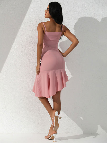 Party Dresses Pink Straps Neck Ruffles Chic Summer Midi Dress