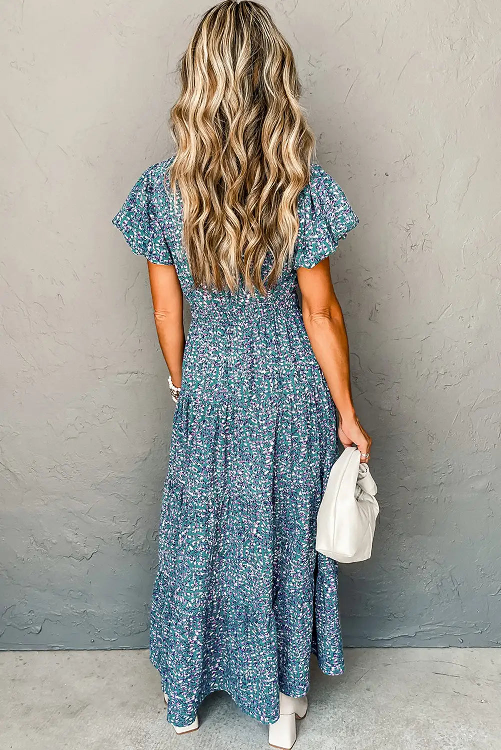 chic blue printed v neck maxi dress