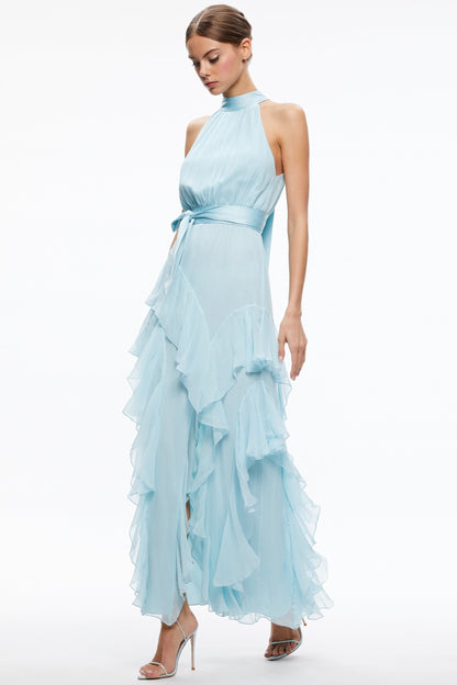 Chiffon Sleeveless Frill Split Midi Dress With Belt