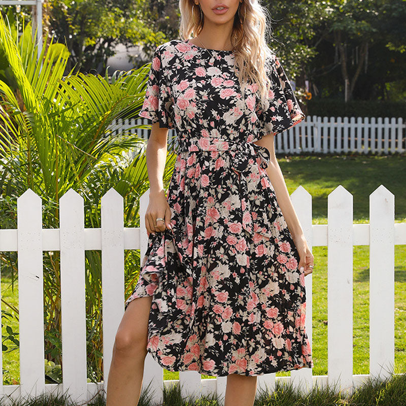 Ruffle Sleeve Round Neck Pleated Maxi Dress in Black Blue White