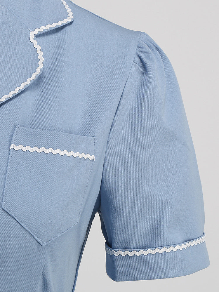 Dress Buttons Ring Detail Short Sleeves Retro Midi Dress