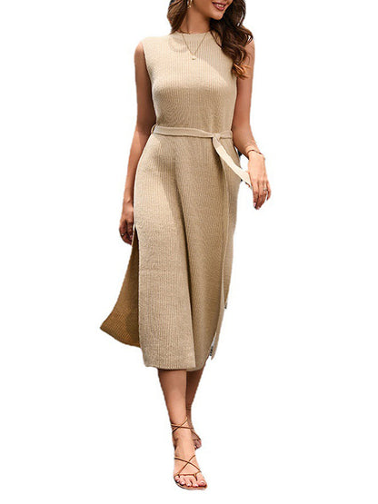 A-Line Loose Solid Color Split-Side Tied Waist Round-Neck Midi Dresses Sweater Dresses