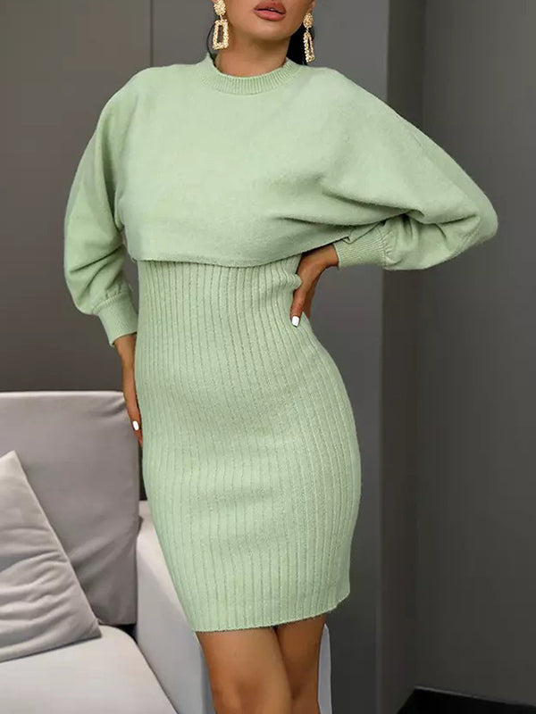 Long Sleeves Solid Color Round-Neck Sweater Top + Inner Dress Two Pieces Set