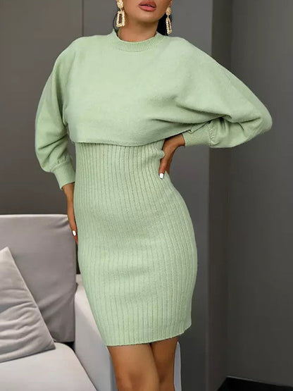 Long Sleeves Solid Color Round-Neck Sweater Top + Inner Dress Two Pieces Set