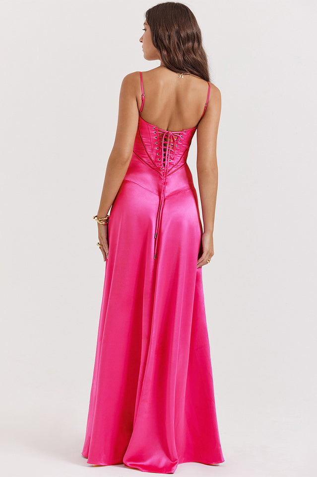 Satin Corset Bustier Spaghetti Strap Basque Waist A-Line Maxi Gown