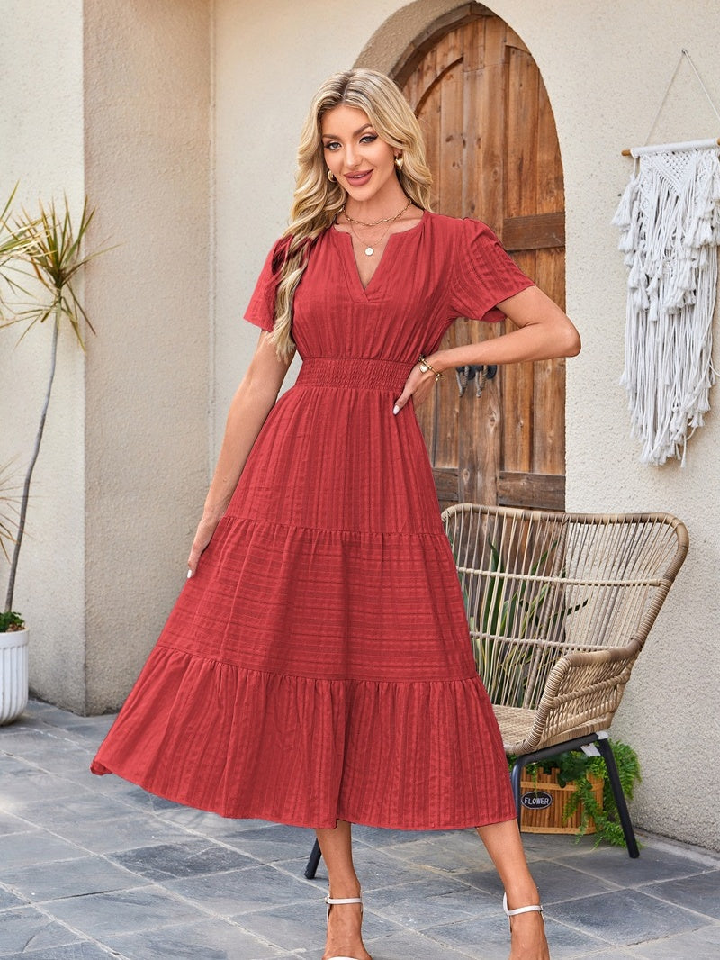 V-neck, Gathered, Puff Sleeve, Full Skirt, Short-sleeved Long Dress