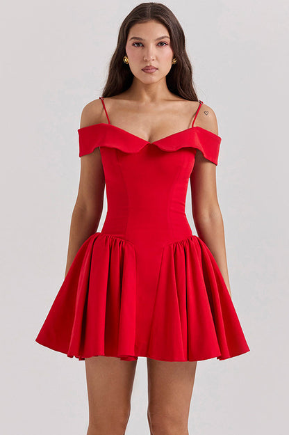 Off Shoulder Fold Over Collar Spaghetti Strap Pleated Fit and Flare Mini Dress