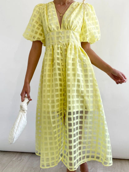 Balloon Sleeve Color Hollow Temperament Midi Dresses