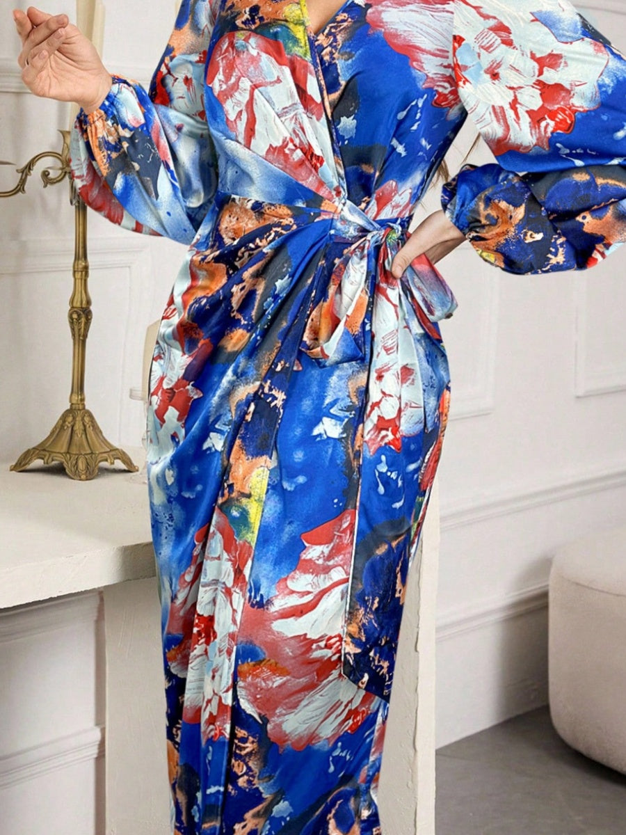 Printed V-neck Cardigan With Belt Midi Dresses