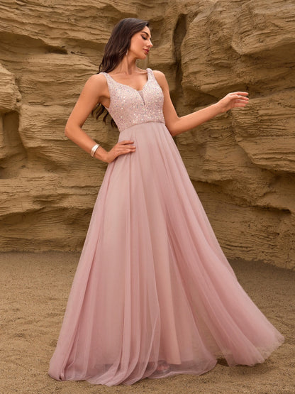 V-neck Embroidery Sequins Elegant Gauze Formal Dress Maxi Dresses