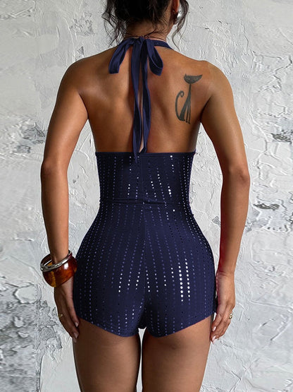 Slim-fit Rhinestone Deep V Backless Jumpsuit