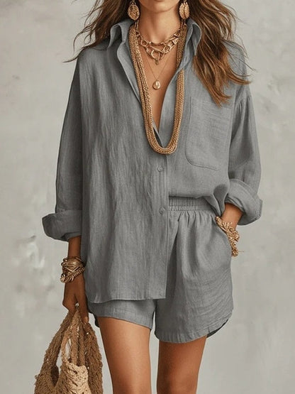 Lazy Style Shirt And Solid Color Shorts Two-piece Set