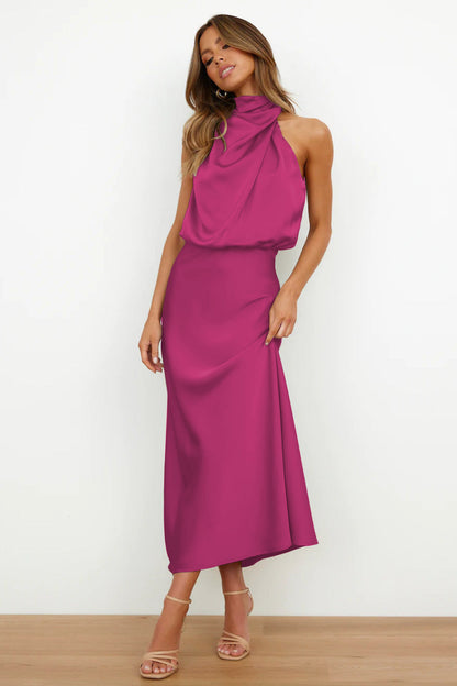 Satin High Neck Keyhole Back Sleeveless Bias-Cut A-Line Maxi Dress