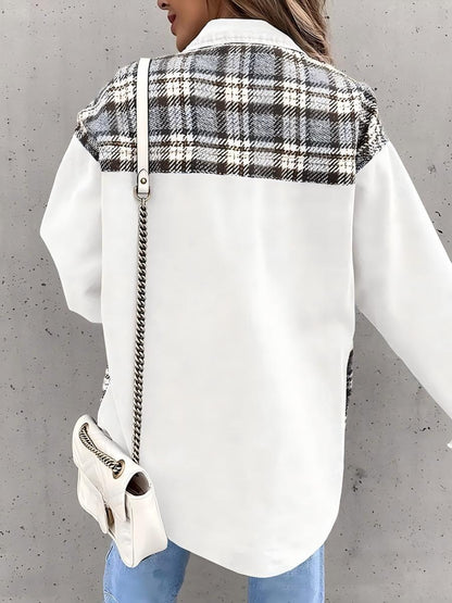 Long Sleeve Plaid Splicing Fasten Denim Jackets