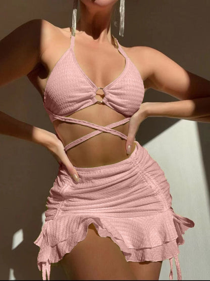 Textured Fabric Strappy Bikini Three-piece Set