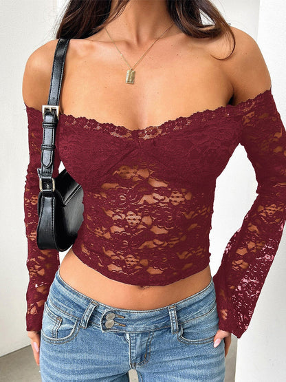 Fitted Lace Off-shoulder Short See-through Top