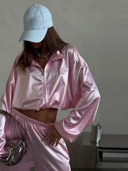 Zippered Loose Sweatshirt Jacket And Wide-Leg Pants Two-Piece Set