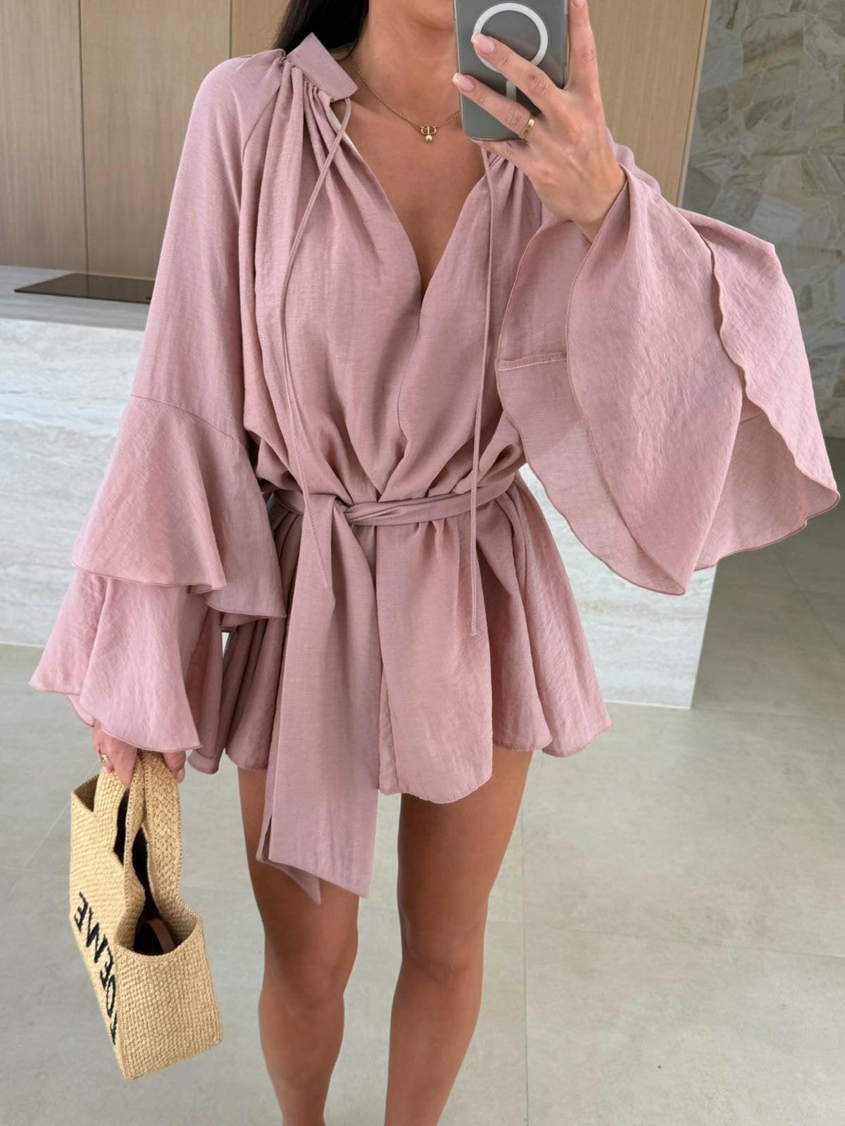 V-neck, Irregular Tie-waist, Long-sleeved, Loose-fitting Short Dress