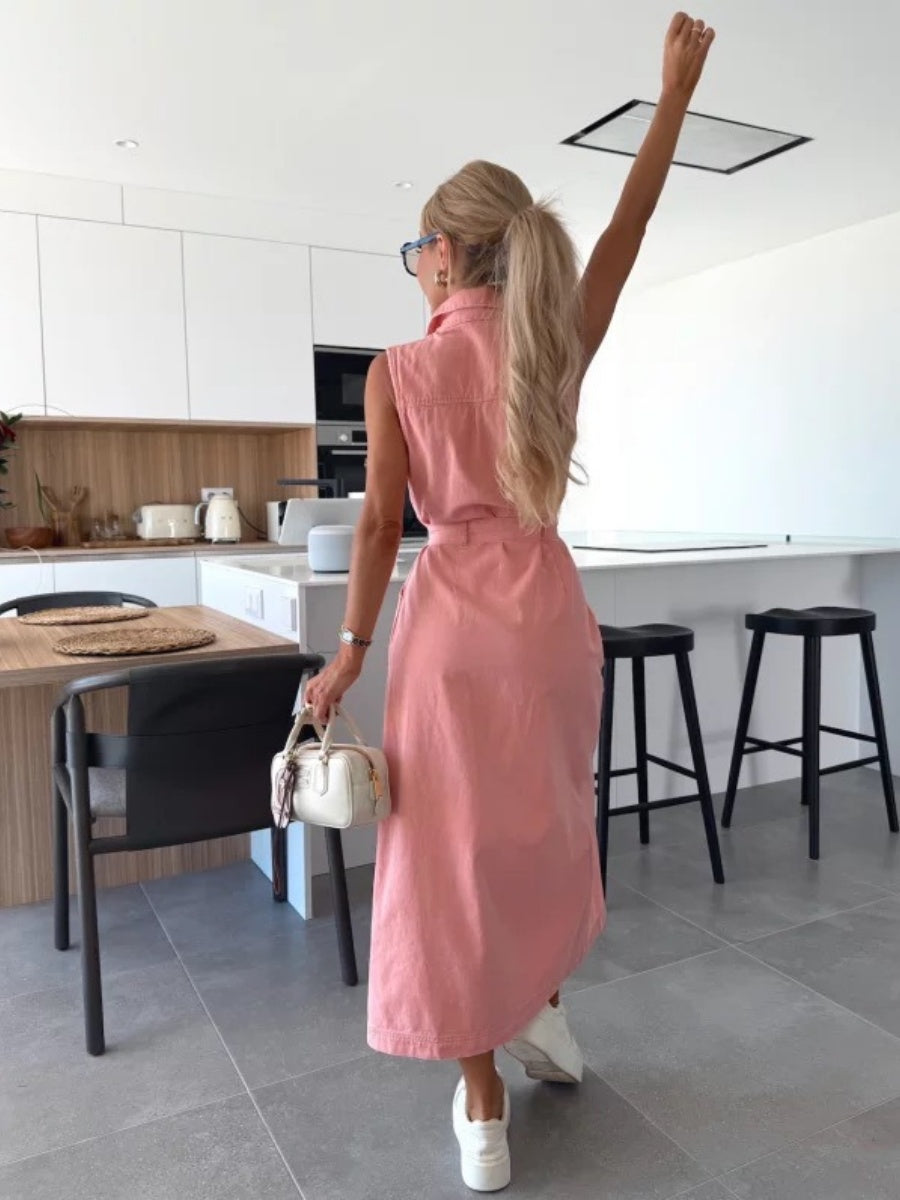 Sleeveless Tie-waist Single-breasted Denim Maxi Dress
