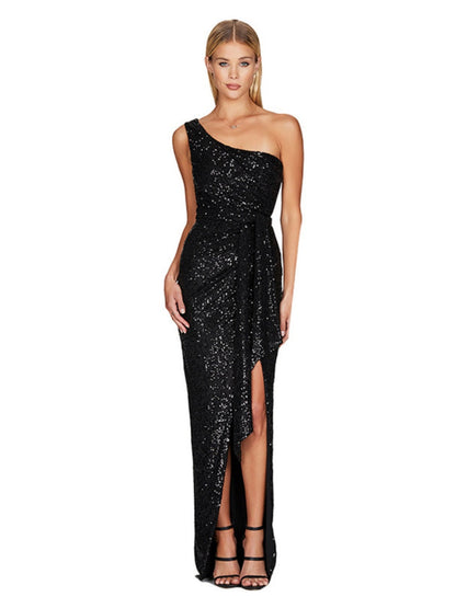 One-shoulder Tie-up Pleated Sweet And Spicy Sequined Dress