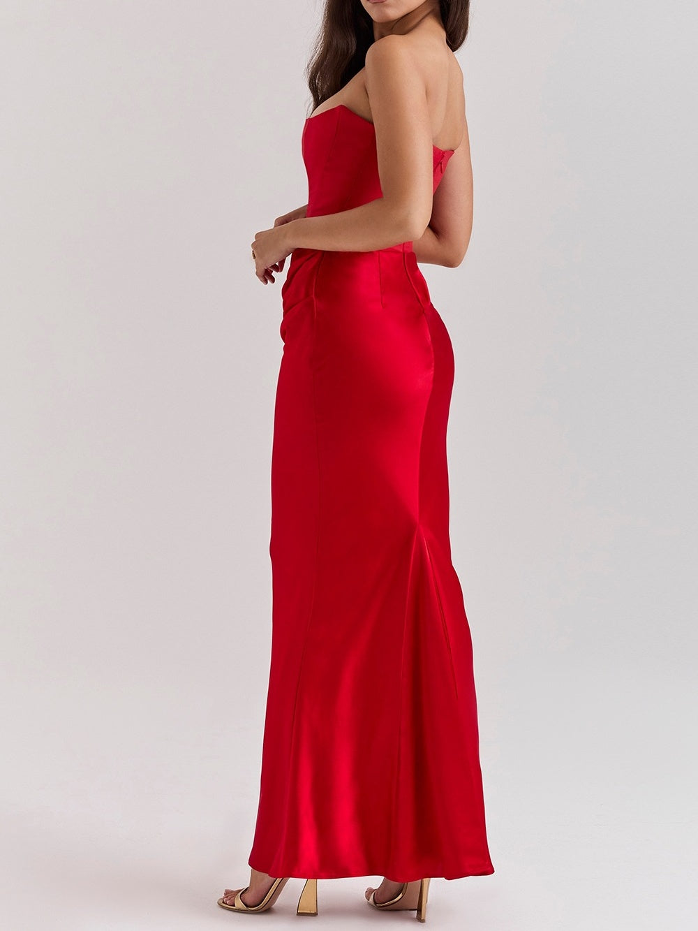 Satin Belted Strapless Off-the-shoulder Fishbone Pleated Long Bodycon Dress