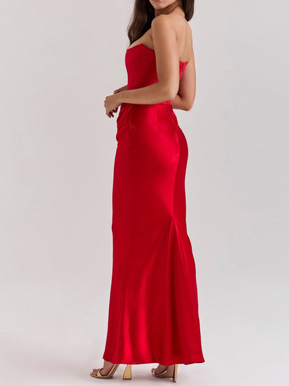Satin Belted Strapless Off-the-shoulder Fishbone Pleated Long Bodycon Dress