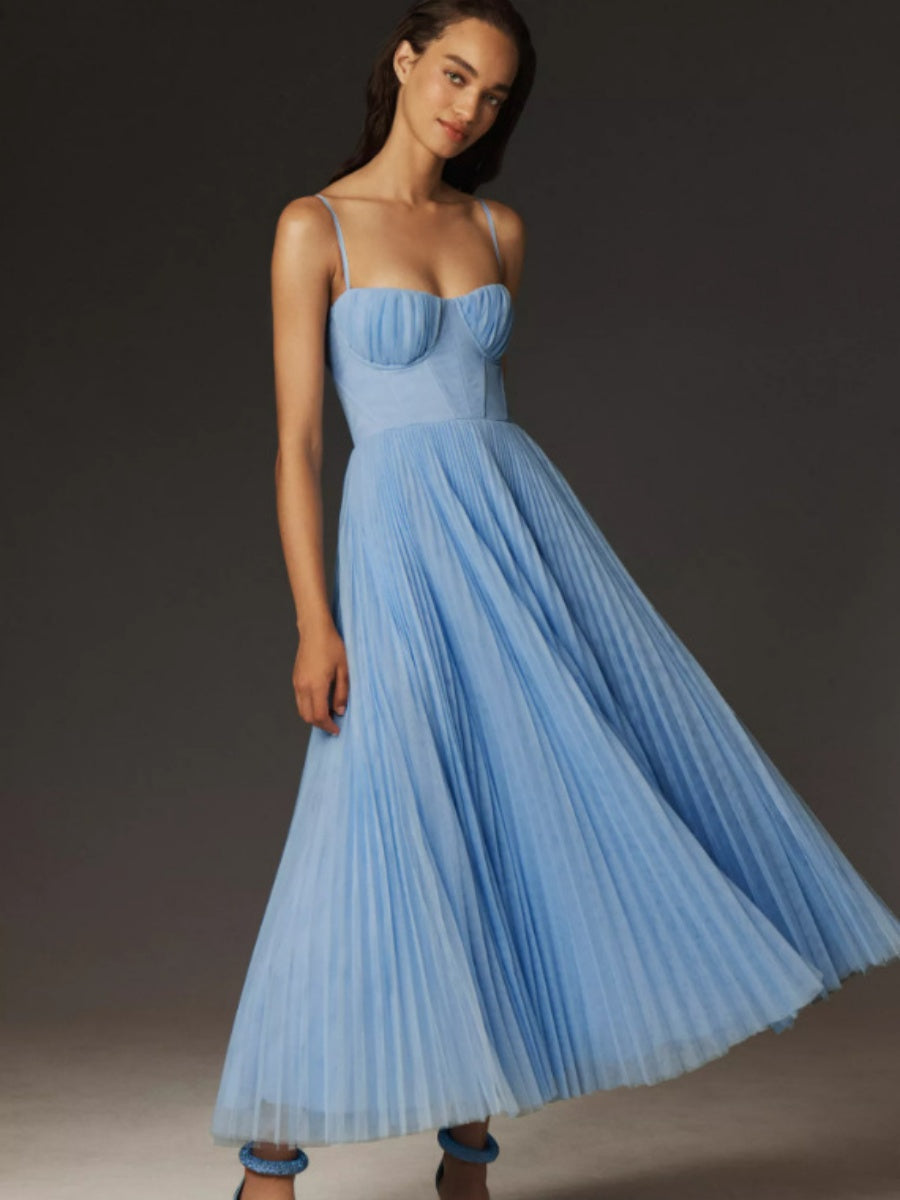 Sleeveless Deep V Slim Fit Pleated Camisoles Maxi Dresses