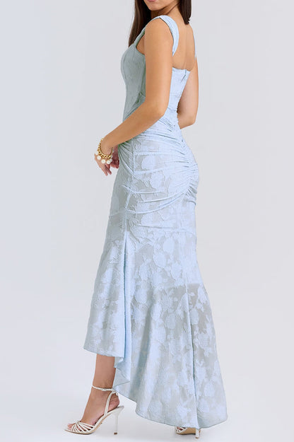 Floral Jacquard Corset Off Shoulder Ruched High Low Trumpet Maxi Gown