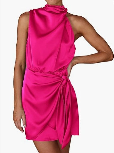 Satin Belted Sleeveless Stand Collar Tie Waist Short Dress