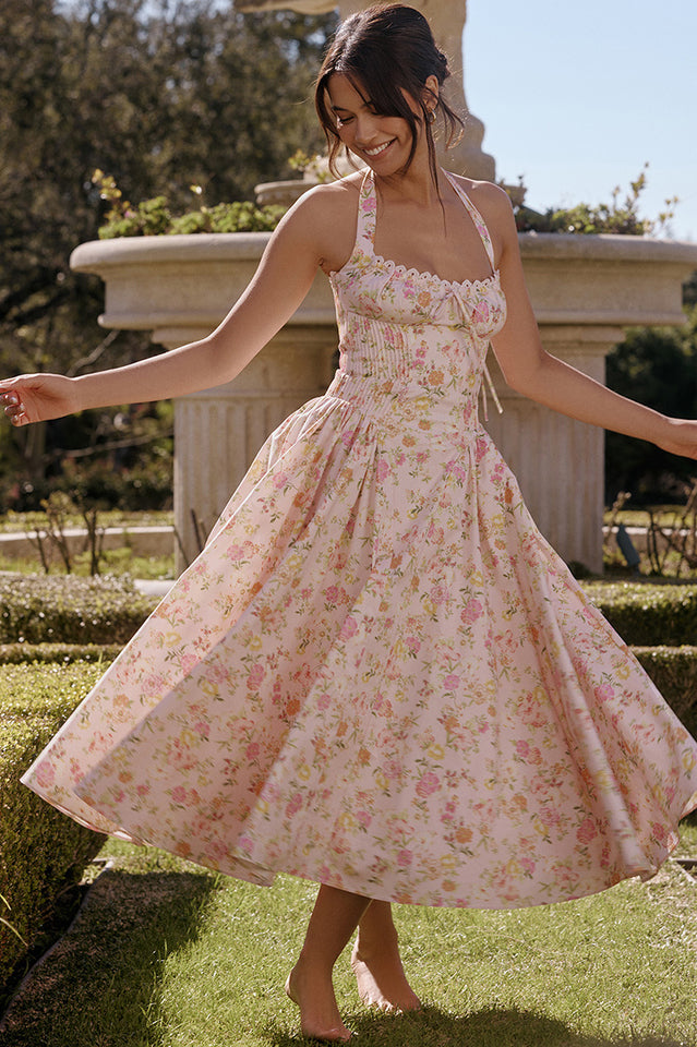 Halter Sweetheart Neck Lace Trim Ditsy Floral Corset Bodice Midi Dress