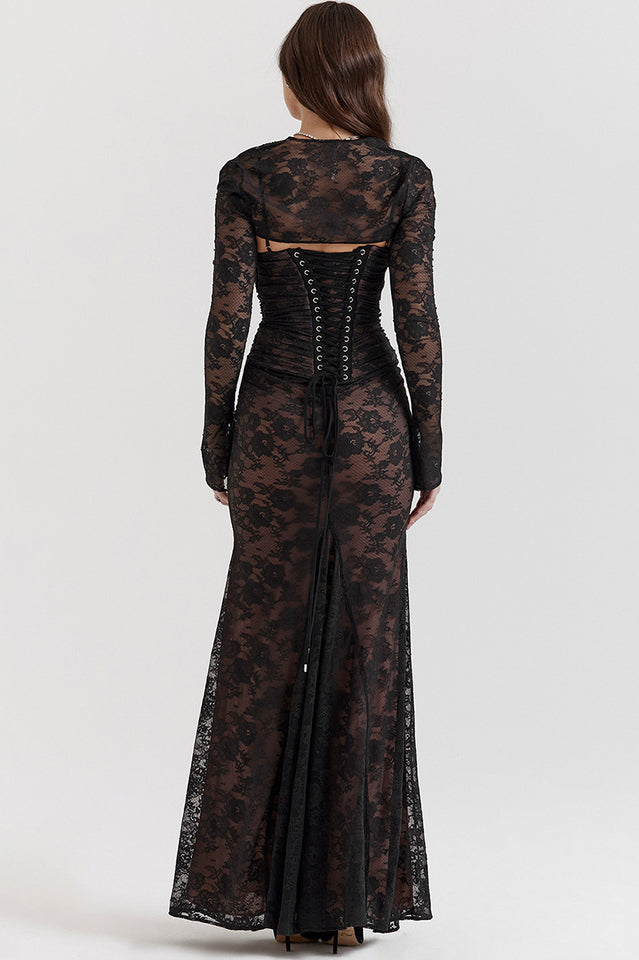 Square Neck Spaghetti Strap Floral Lace Scalloped Hem Maxi Dress with Long Sleeve Bolero
