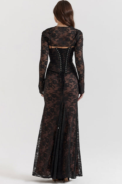 Square Neck Spaghetti Strap Floral Lace Scalloped Hem Maxi Dress with Long Sleeve Bolero