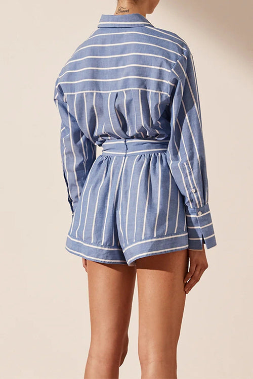 Margovil Striped Long Sleeves Curve Hem Shirt and High Rise Shorts Set