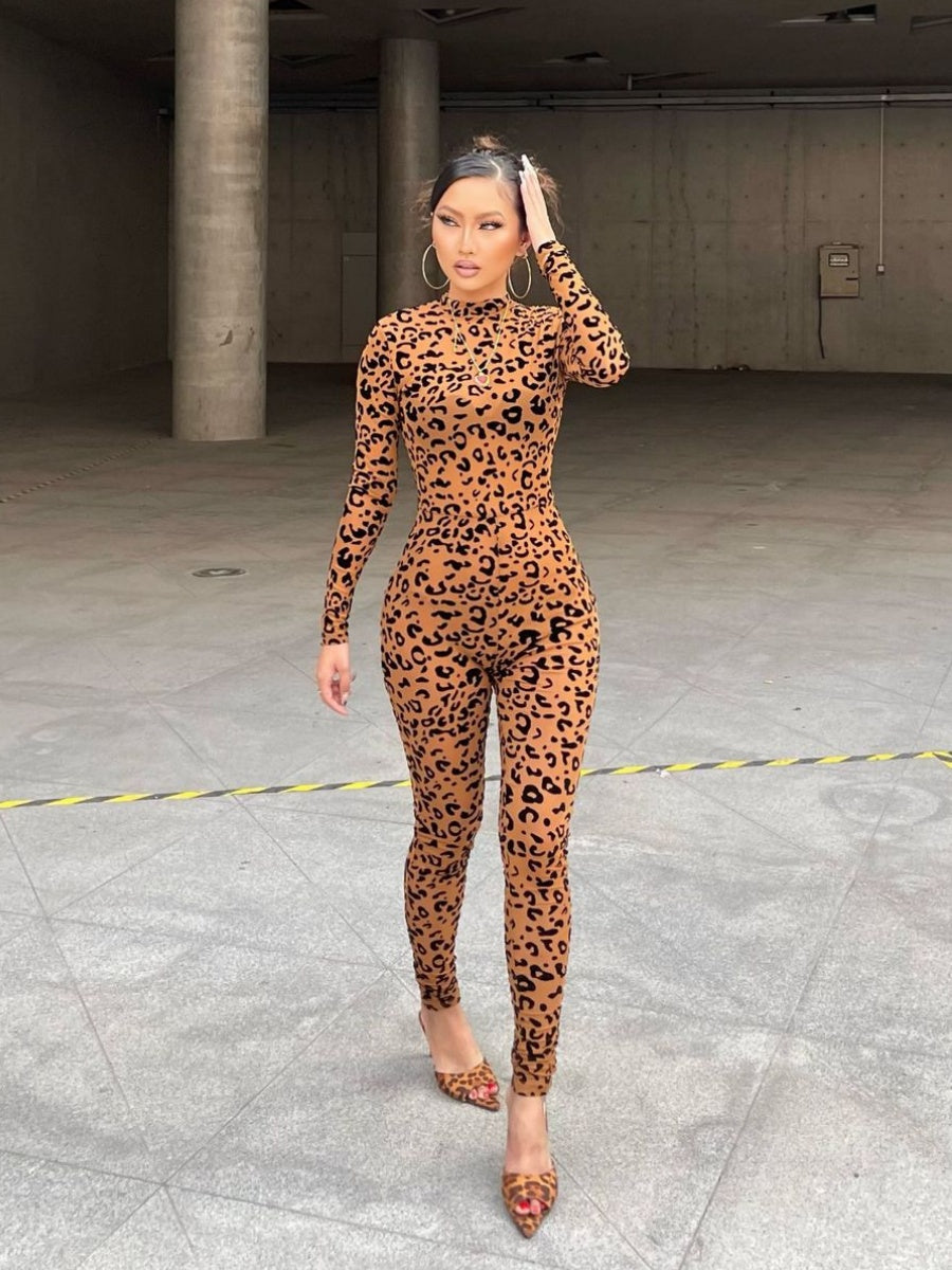 Leopard Print Flocked Sheer Slimming Effect Jumpsuits