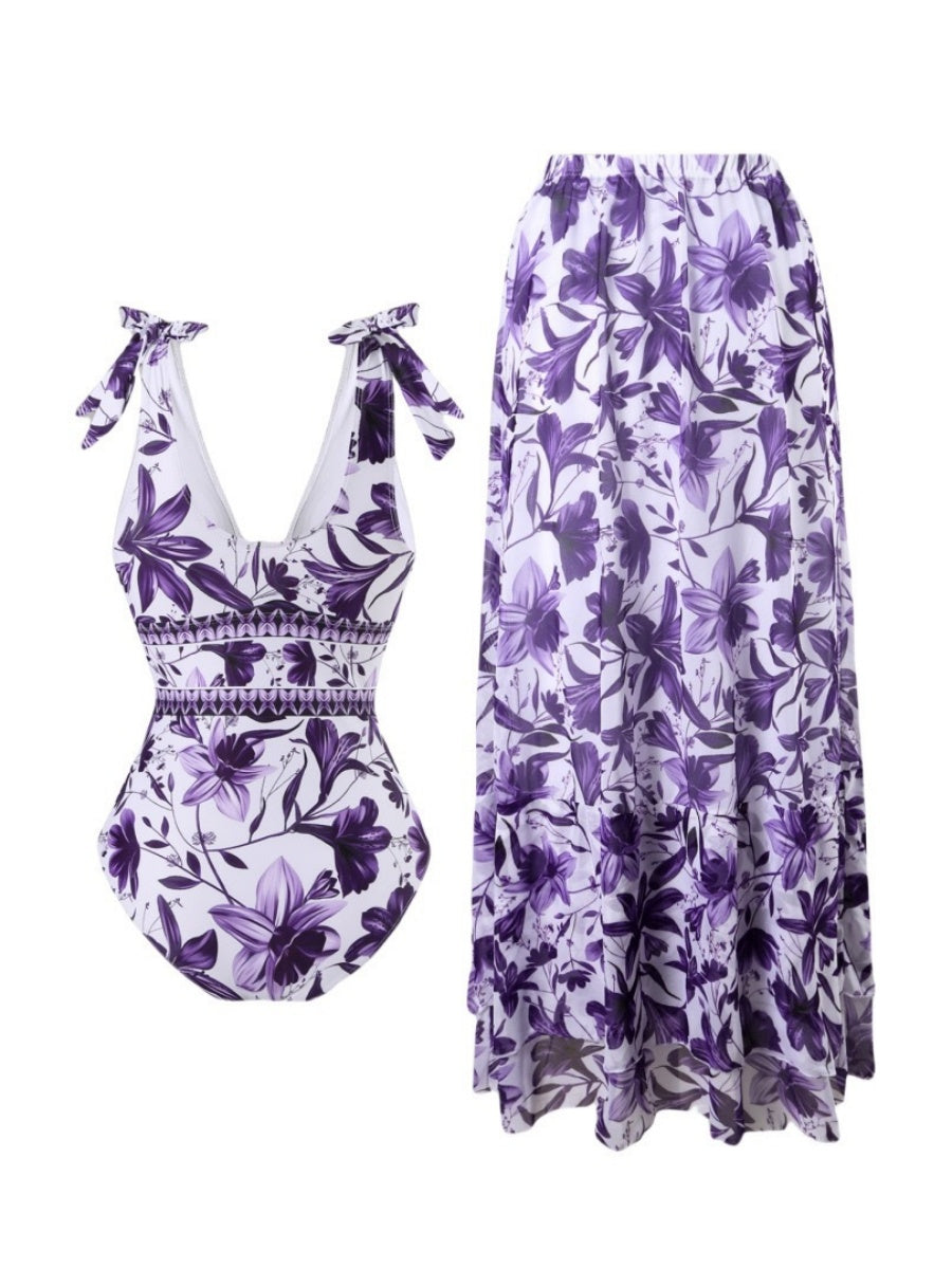 Blue And White Porcelain Print One-piece Slimming And Figure-flattering Long Swimsuit And Sun Protection Dress Two-piece Set