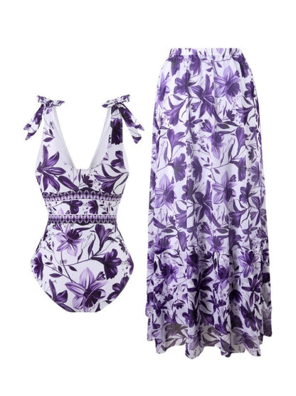 Blue And White Porcelain Print One-piece Slimming And Figure-flattering Long Swimsuit And Sun Protection Dress Two-piece Set