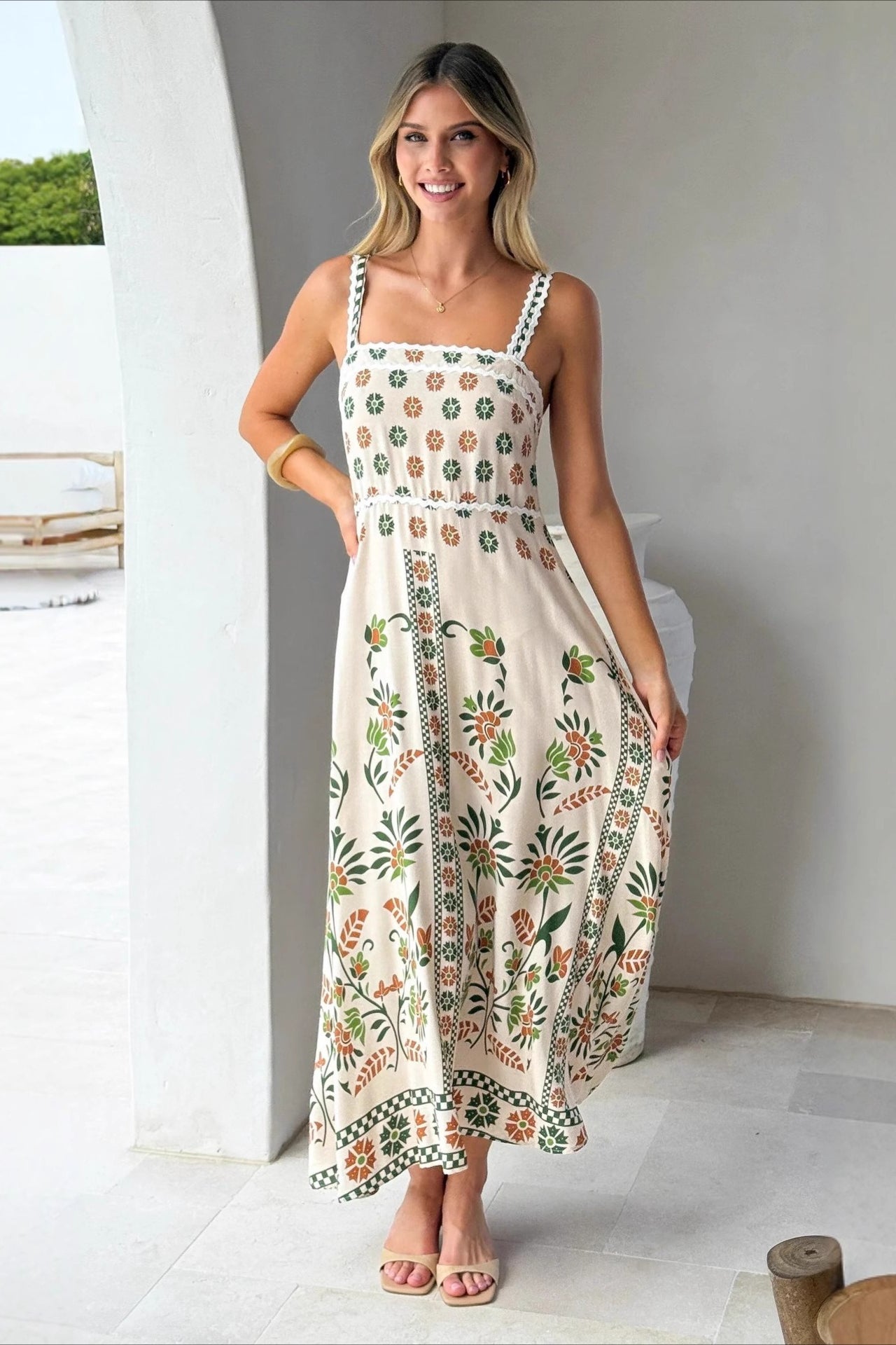 Scalloped Trim Square Neck Panel Print Border Hem Maxi Dress
